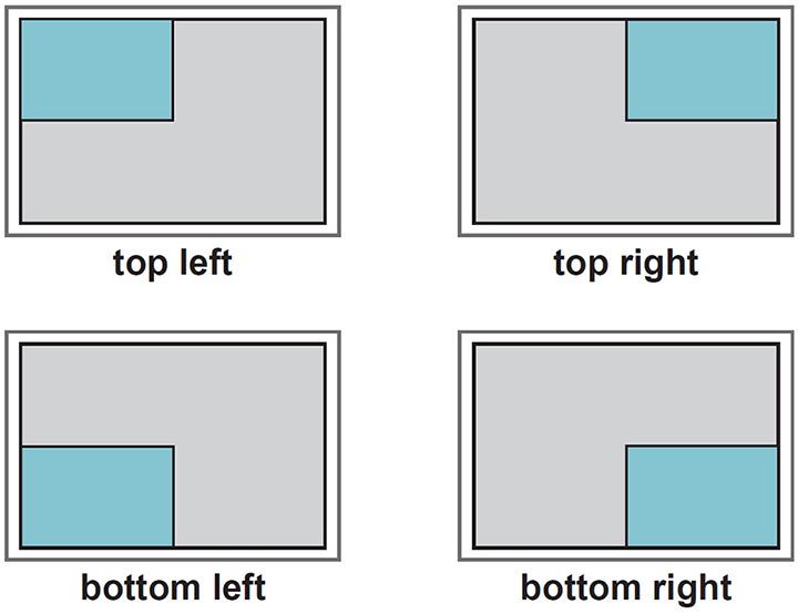 Position (Položaj) Nastavi položaj dodatnega zaslona (zgoraj levo, spodaj levo, zgoraj