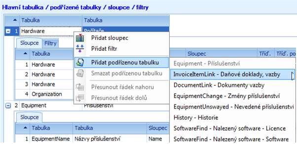 Popis menu: 1. Hlavní / podřízené tabulky a. Přidat sloupec zobrazí formulář s výběrem sloupců, které lze zobrazit v sestavě. Umožňuje vybrat položky z hlavní databáze a všech podřízených tabulek.
