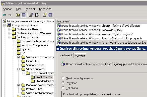 Tohle má praktický význam jen pro ruční instalaci klienta povolit výjimky pro vzdálenou správu. To lze na serverech Windows 2003-2016 nastavit pomocí Zásad skupiny (Group policy).