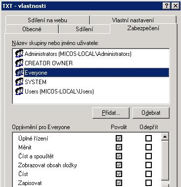 dále musí být nastaveno Zabezpečení pro skupinu EVERYONE.