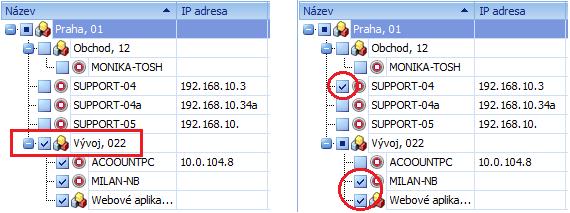 Výběr počítačů provedete kliknutím myši na: organizační jednotce program automaticky označí všechny počítače pod touto jednotkou (červený rámeček na obrázku).