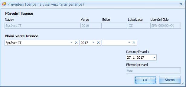 Po uložení je původní záznam v evidenci Licencí přepsán novou verzí a původní verze je uvedena se seznamu downgrade i maintenance.