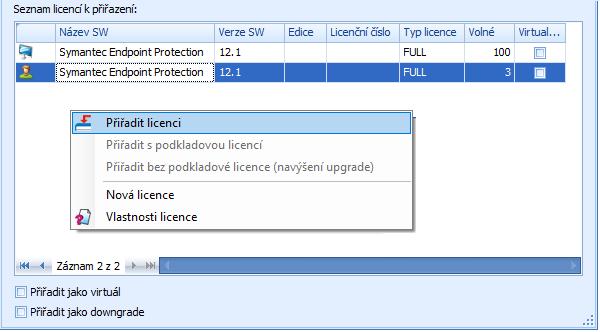 4) Přiřazení licence přiřazení licence provedete pomocí kontextového menu na pravém tlačítku myši některou následující volbou: Přiřadit licenci podle typu licence provede program následující kroky: o