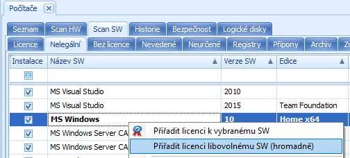 c) Hromadně podle výsledků skenu SW Tento způsob vytvoření a přiřazení licencí lze provádět na dvou místech programu: 1) v evidenci Počítačů na kartě Nelegální stačí spustit volbu Přiřadit licenci