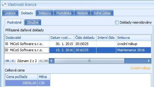 daňové doklady u dokupování licencí, maintenance, servisních zásahů apod. U podrobných daňových dokladů je možnost označit jeden doklad jako úvodní nákup.