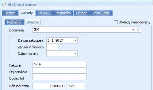 Lze zadat pouze základní informace o dodavateli, faktuře, ceně apod. Neevidován parametrem Doklady neevidovány lze označit licenci, u které záměrně nechcete evidovat daňové nebo stručné doklady (např.