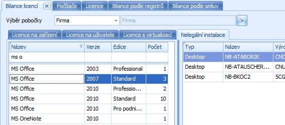 seznam nalezeného nelegálního software a v pravé seznam zařízení, kde software byl nalezen. Po kliknutí na vybrané zařízení lze v kontextovém menu danou instalaci zalicencovat.