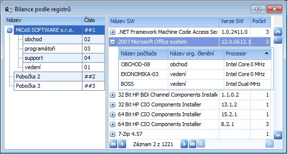 Program projde všechny zpracované skeny počítačů a zobrazí software podle organizačních jednotek. Je to pouze doplňková bilance, která nemá vazby na zakoupené licence.