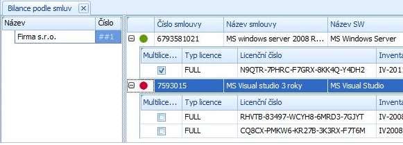 Pokud je smlouva přiřazena alespoň k jedné licenci software, zobrazí se na první úrovni údaje k dané licenci.