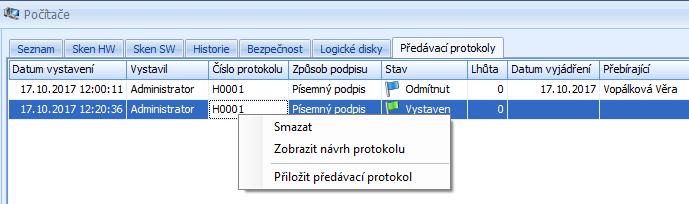 g) Zobrazení protokolů Evidence protokolů Vygenerované protokoly jsou uloženy v evidencích na samostatné kartě Předávací protokoly: Pomocí menu lze s protokoly následně pracovat: o Smazat - volba