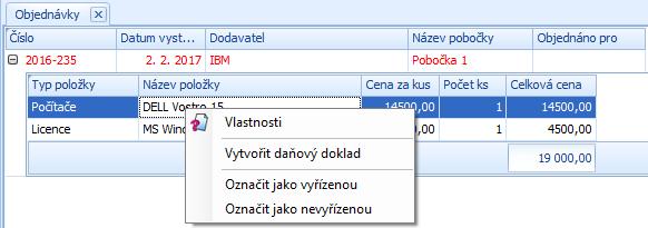 Zobrazí se formulář pro vytvoření daňového dokladu, ve kterém jsou přeneseny jednotlivé položky a číslo objednávky.