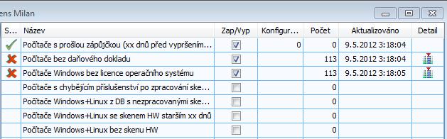 zapnutí alarmu provedete ve sloupci Zap/Vyp. po zapnutí hlídání alarmu jsou některé alarmy závislé na konkrétní hodnotě (počet dnů apod.).