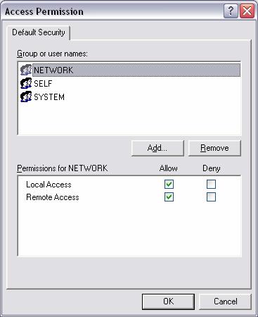 Access Permissions/Security Limits: + Network (Allow Remote Access) + Anonymous Logon (Allow Remote Access) Access Permissions/Default Security: + Network (Allow Remote Access) + System (Allow Remote