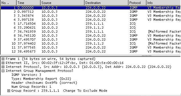 Jak je vidět (obr.7), na rozdíl od IGMP zpráv zde není nastaven příznak Router Alert, tedy jedná se o běžný datový paket.