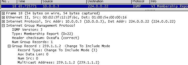síti, tedy 224.0.0.22. Samotná adresa skupiny resp. jejich seznam je obsažen až uvnitř IGMP paketu. Kromě počtu záznamů a jiných informací obsahuje především pole typ záznamu (Record Type).