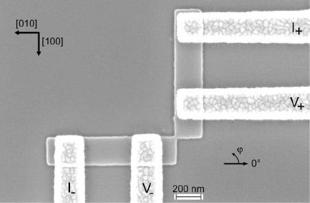 corresponds to the measured resistivity of the sample with the constriction width of several tens nanometers.