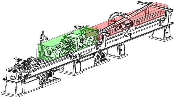 Str. 41 Hlavní pohyby stroje (posuv suportu a rotace obrobku) jsou vyvozovány pomocí dvojčinných lineárních hydromotorů uložených v loži stroje a převodovce rotace obrobku.