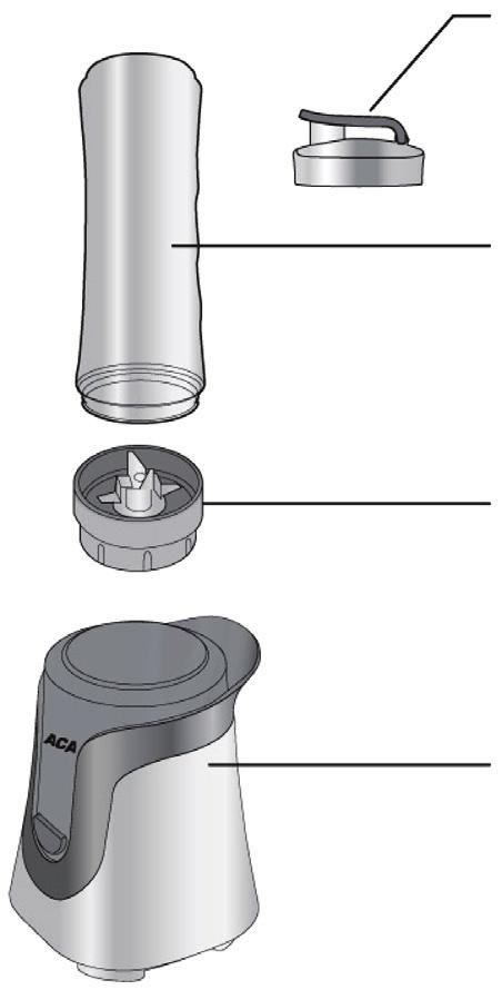 DO436BL ČÁSTI PŘÍSTROJE Víčko s uzavíracím pítkem Mixovací nádobka 600 ml Nádobka 300 ml Nože mixéru Základna motorová část