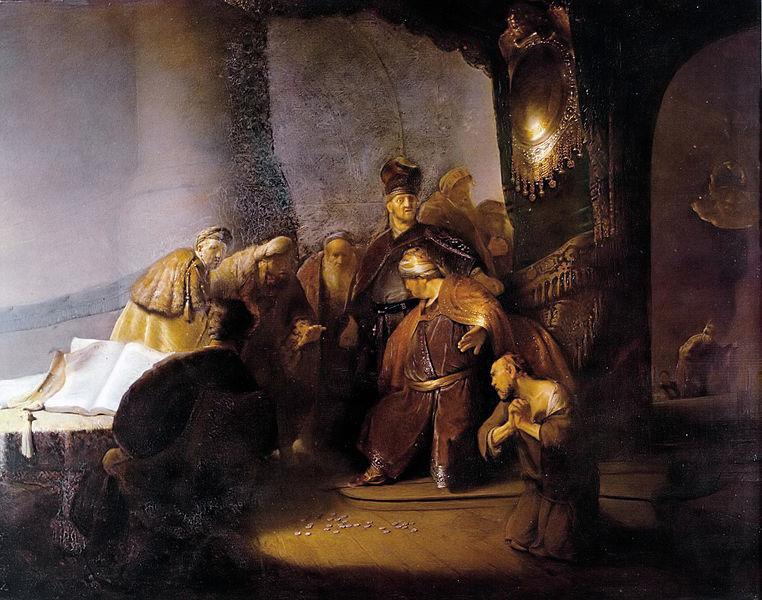 48. Rembrandt Harmenszoon van Rijn: Jidáš vrací třicet stříbrných, 1629, olej, dubová