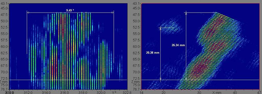 Obr.5 D a B zobrazení necelistvosti N2 Fig.5 D and C-scan of defect N2 Na daném svarovém spoji byly rovněž provedeny pracovníky ÚJV Řež a.s. kontroly metodou phased array.