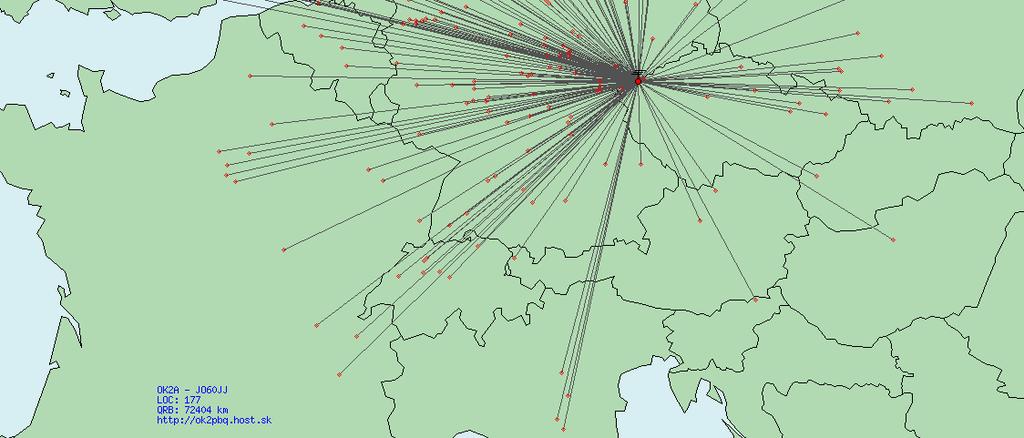 DL0GTH Mapa 177 QSO které dělali DL0GTH a které chybí OK2A,