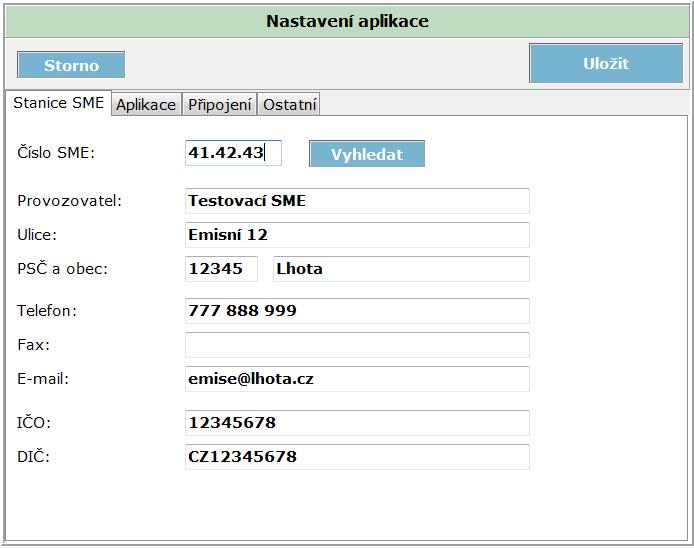 2.3.1 Stanice SME Nastavení identifikace stanice SME. Po stisku tlačítka Vyhledat se aplikace dotazuje SME Terminálu na identifikační údaje.