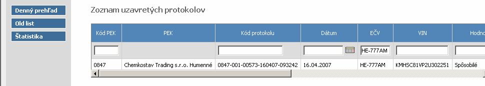 Ak chcete zistiť výsledky práce konkrétneho pracoviska uvediete jeho kód do filtračného okienka v položke Kód PEK a prekliknete sa do vedľajšieho okienka, prípadne stlačte klávesu