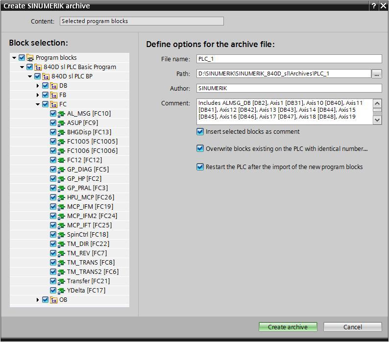 SINUMERIK STEP 7 Toolbox V14 SP1 PLC povyšovací archivy Volba programových bloků pomocí checkboxu