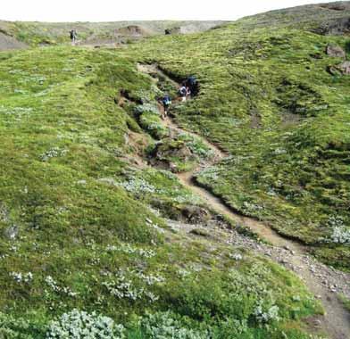 Götur breytast í vatnsfarvegi Íslenskur jarðvegur er að miklu leyti gerður úr eldfjallaösku (gjósku) og er því laus í sér og honum hættir til að rofna og fljóta eða fjúka burt.