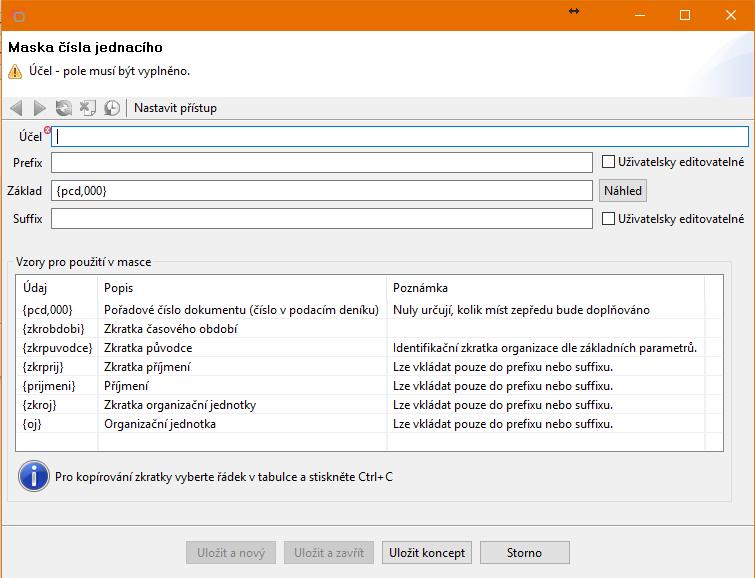 104 KEO4 Referent Ve formuláři masky č.j. je nutné vyplnit Účel (název masky) a Základ masky např. ve tvaru {zkrpuvodce}-{pcd,0000}/{zkrobdobi}.