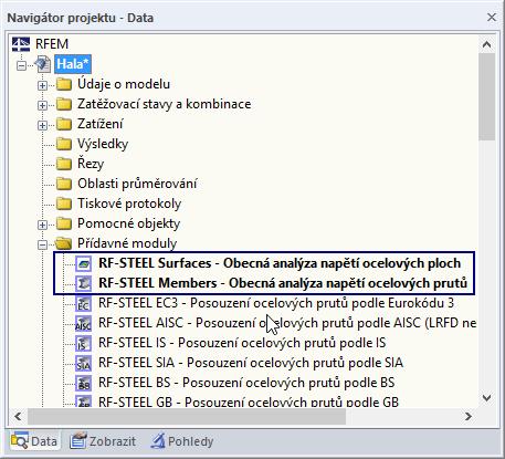 1 Úvod Navigátor Oba moduly RF-STEEL lze dále vyvolat z navigátoru Data kliknutím na položku Přídavné moduly RF-STEEL Surfaces, resp. RF-STEEL Members. Obr. 1.