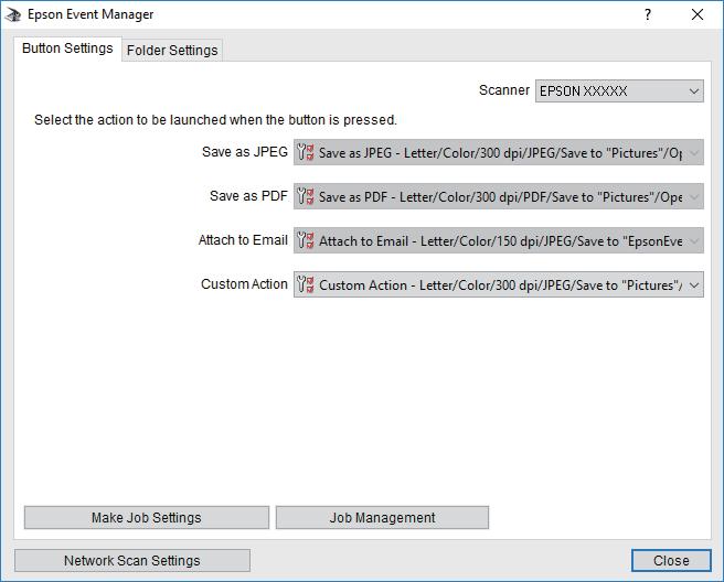 Skenování 6. Zkontrolujte, zda je v seznamu Vlastní akce vybrána možnost Vlastní akce. 7. Kliknutím na možnost Zavřít zavřete aplikaci Epson Event Manager.