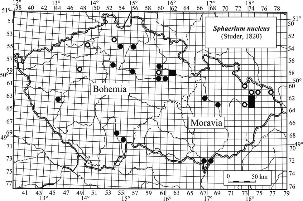 Fig. 1. Distribution of Sphaerium nucleus in the Czech Republic (full dots recent data from 1996 2007, empty dots data from revised collections, squares both recent and historical data).