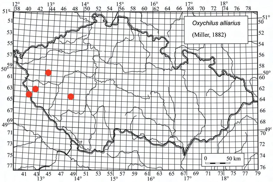Obr. 3. Současné rozšíření druhu Oxychilus alliarius na území České republiky. Fig. 3. Current distribution of Oxychilus alliarius in the Czech Republic.