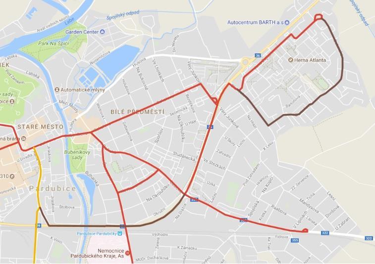 Obrázek 19: zokruhování trolejbusových tratí na Dubině Dopad na systém MHD Linka č. 8 by byla převedena do elektrické trakce a zkrácena na hlavní nádraží.