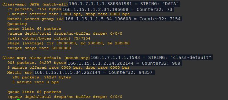 Obr. 8: Porovnání několika záznamu z MIB databáze pro defaultní třídu a třídu DATA s konfigurací na routeru Malá nesrovnalost v číslech u defaultní třídy je způsobena tím, že do této třídy se počítá