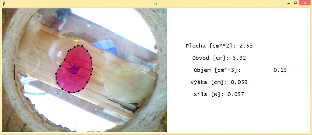 3.1.7 Software pro určení obsahu vodní vrstvy a analýzu dat Pro určení obsahu vodní vrstvy jsme vytvořili program v jazyce Python 3, který v reálném čase snímá obraz z digitální kamery a umožňuje