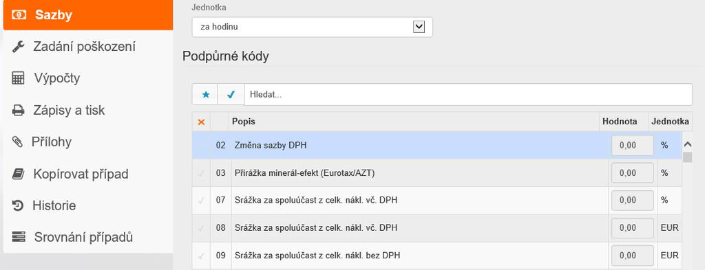 Všechna zadání se realizují přímo v grafice na kartě Zadání poškození.