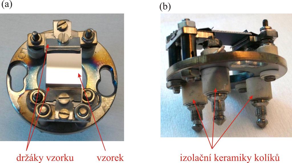 KAPITOLA 2. NÁVRHOVÁ ČÁST 44 Obrázek 2.4: Paletka pro žíhání vzorků přímým průchodem proudu. Pohled (a) z přední strany a (b) z boku.