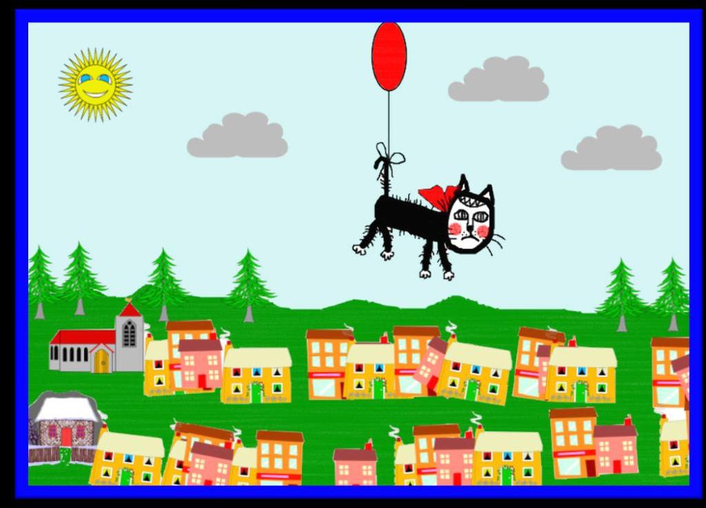 O LIETAJÚCEJ MAČKE Žila raz čierna mačka Čilipanda. Rada sa parádila. Keď prišiel do dediny cirkus, Lacko vystrieľal červený balón a zavesil ho Čilipande na chvost.