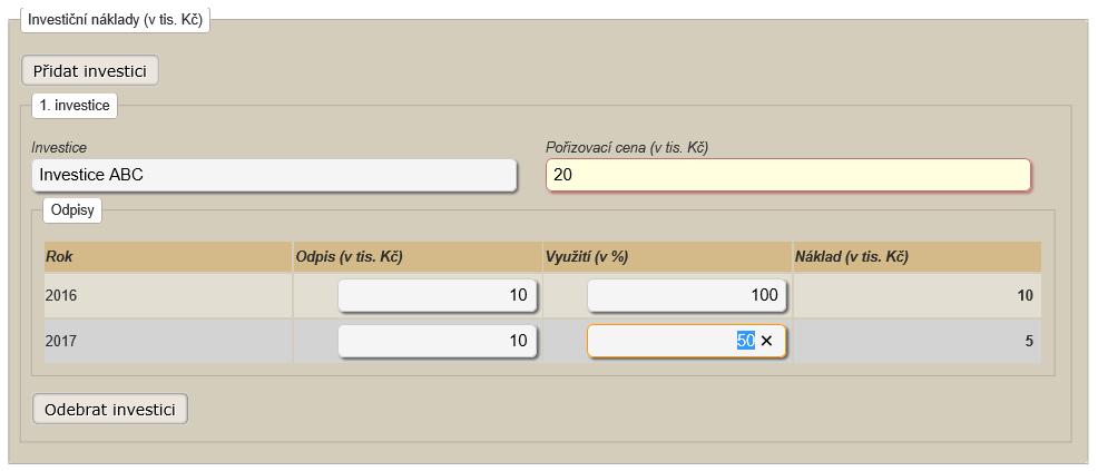 Kč) Obrázek 18: Obrazovka se sekcí s investičními náklady V sekci Investiční náklady je možné pomocí tlačítka Přidat investici přidat novou investiční položku (celkové množství není omezeno), u které