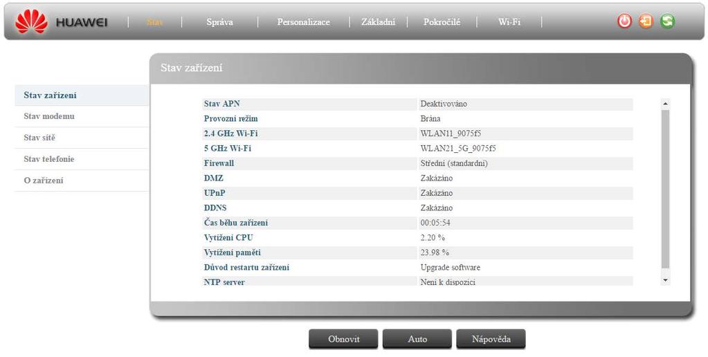 1.3 Informace o zařízení a stavech jednotlivých funkcí 1.3.1 Stav > Stav zařízení Tato stránka slouží pouze pro přehled o aktuálním stavu zařízení.