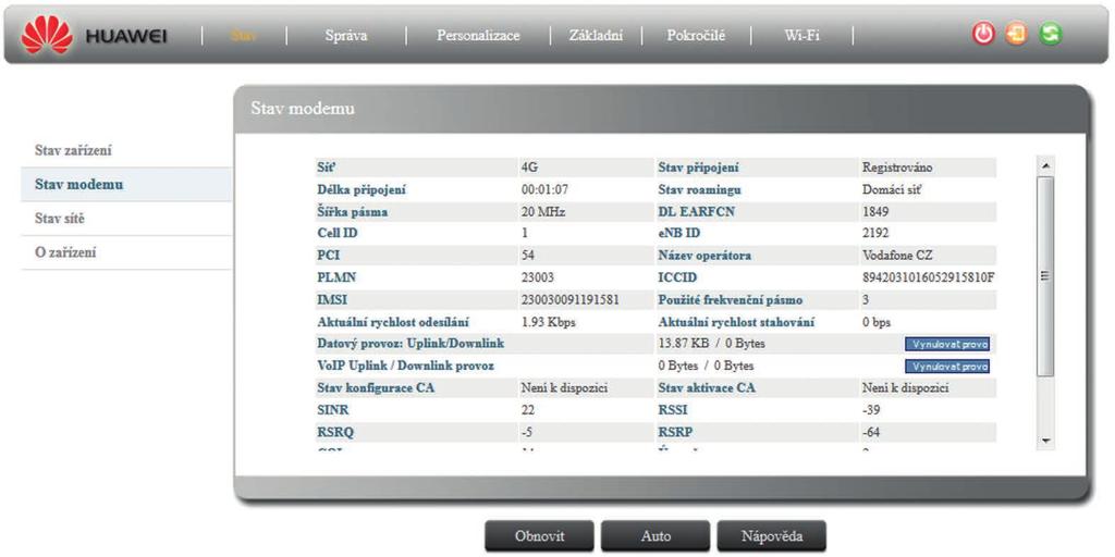 1.3.2 Stav > Stav modemu Záložka Stav modemu slouží ke zobrazení všech informací o připojení k LTE síti.