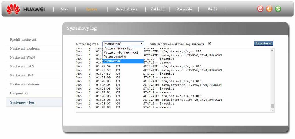 Pokud připojení k internetu nebude úspěšné, pokuste se identifikovat zdroj problému pomocí příkazu traceroute. Postup je následující: Příklad 1. Přejděte do menu Správa > Diagnostika.