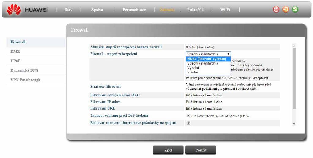 Obrázek 2-34 Firewall 1 Obrázek 2-35 Firewall 2 Aktuální stupeň zabezpečení branou firewall Zobrazuje aktuální