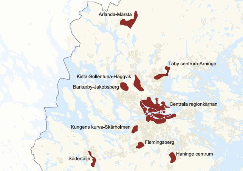 Obr. 1 Vytipované lokality nových městských center ve Stockholmském regionu Fig. 1 Localities tipped for new urban centres in the Stockholm region celostátní silnice E4.
