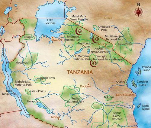 Geografie pohoří rovníková část Tanzánie (Východní Afrika) na hranici s Keňou (2 45' a 3 25'S, 37 00' and 37 43' E) tři vrcholy 1.