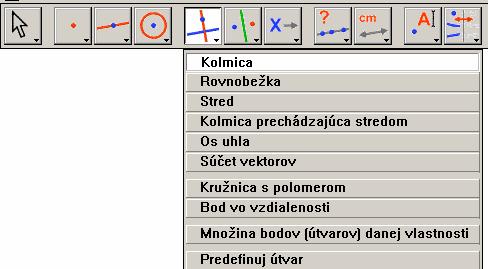 úsečky ak kliknete na úsečku, nájde jej stred, ak kliknete na dva body, (nemusia byť spojené) nájde ich stred d) os úsečky nájde os úsečky, ktorá je daná dvomi bodmi e) os uhla nájde os uhla, ktorý