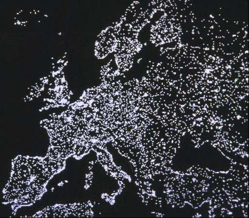 Nočná Európa Plocha miest vo svete: 1-2 % (250 mil.