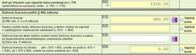 Kladný rozdiel (360 Eur) medzi daňovou licenciou (960 Eur) a skutočnou hodnotou dane (600 Eur) si môže v troch bezprostredne nasledujúcich zdaňovacích obdobiach, tzn. 2015 2017 započítať. 1.